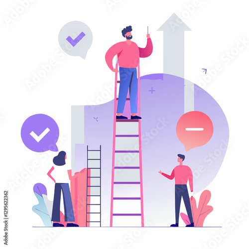 Business leader pointing upward on a ladder with colleagues watching, demonstrating growth and progress. Modern business illustration with a conceptual message.