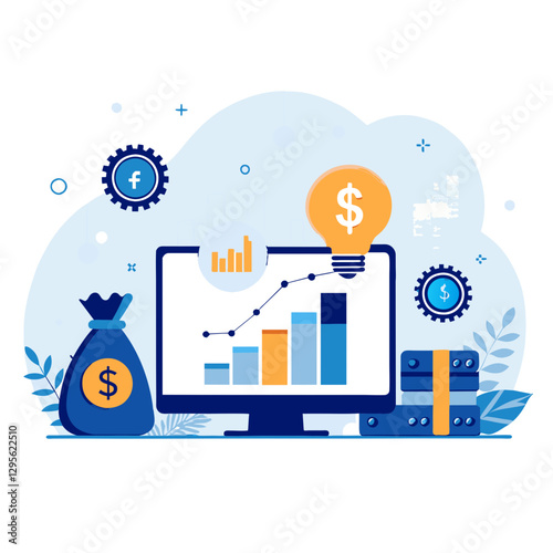Financial growth concept with digital display of charts and graphs. Illustrative display of increasing profitability with a money bag and lightbulb with dollar sign.