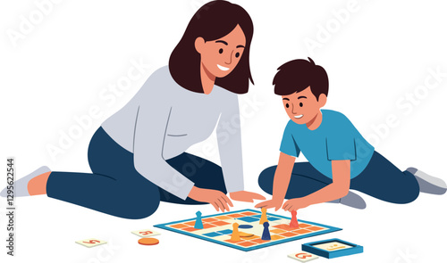 Woman and boy enjoying a fun board game together on a bright living room floor, minimal vector illustration