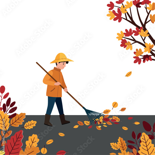 A person raking colorful autumn leaves in a peaceful outdoor scene, featuring a flat design style, showcasing vibrant foliage, all illustrated in vector art