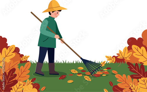 A young person raking colorful autumn leaves in a vibrant garden, wearing a straw hat in a flat vector illustration