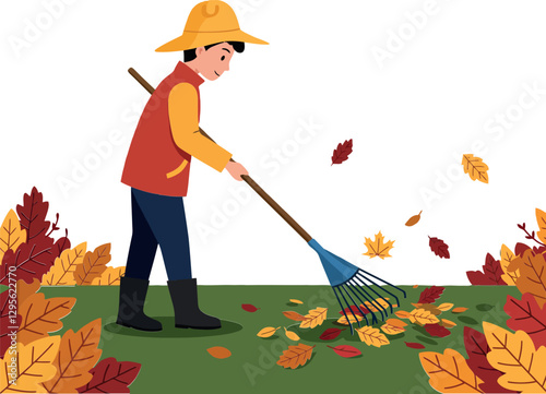 A person raking colorful autumn leaves in a garden with a cheerful expression in flat vector art