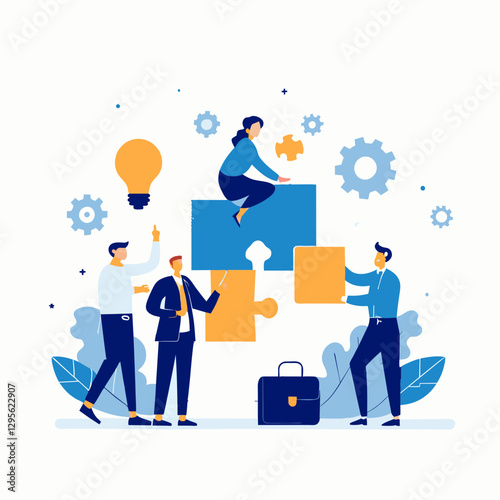 Business team collaborating on jigsaw puzzle pieces in modern office setting. Diverse professionals aligning puzzle pieces and exchanging ideas in a creative workplace.