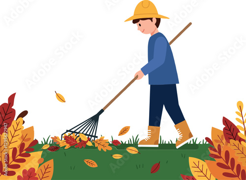 A young boy in a yellow hat raking colorful autumn leaves in a vibrant garden setting, showcasing a cheerful flat vector illustration