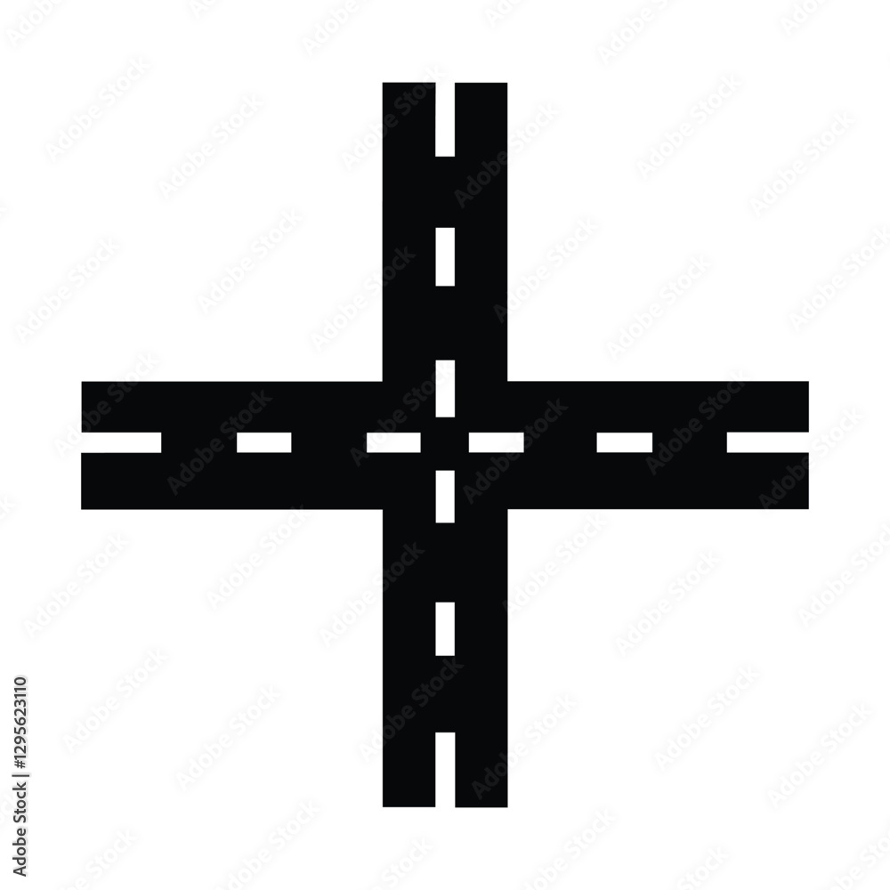 Fototapeta premium Road intersection icon, black and white, flat design, isolated on white background. Vector illustration.