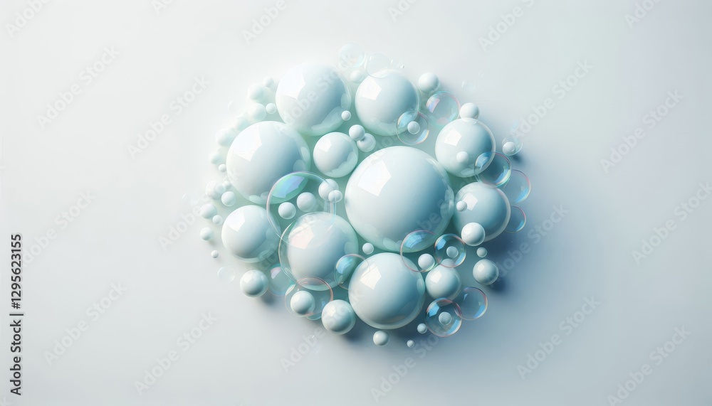 Fototapeta premium Cluster of transparent soap bubbles on light background, abstract hygiene and cleaning concept with copy space