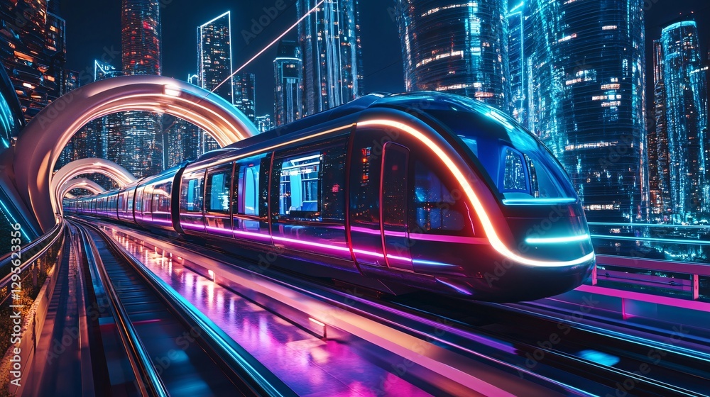 Futuristic High-Speed Train Gliding Through Neon Cityscape with Illuminated Skyscrapers and Vibrant Lights at Night, Capturing Modern Urban Transit Aesthetic Futuristic High-Speed Train Gliding Through Neon Cityscape with Illuminated Skyscrapers and Vibrant Lights at Night, Capturing Modern Urban Transit Aesthetic