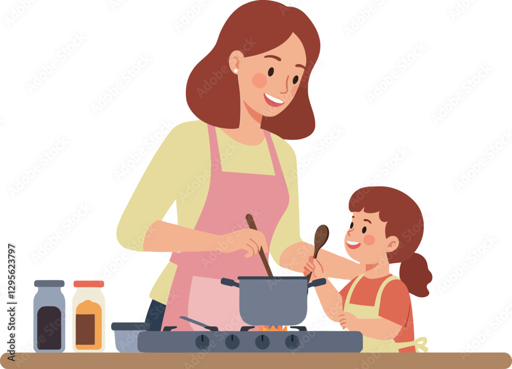 A mother and daughter cooking together in a bright kitchen with playful expressions, minimal style, and cheerful atmosphere, vector illustration A mother and daughter cooking together in a bright kitchen with playful expressions, minimal style, and cheerful atmosphere, vector illustration