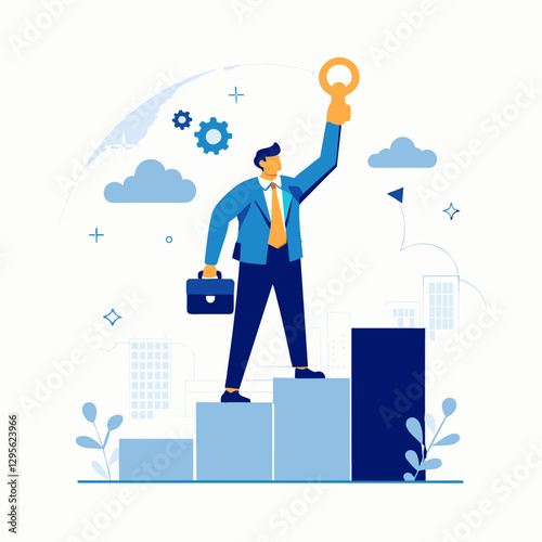 Businessman ascending career ladder, holding key to success in urban setting. Male professional in formal attire, with briefcase, standing confidently on steps, symbolizing upward mobility.