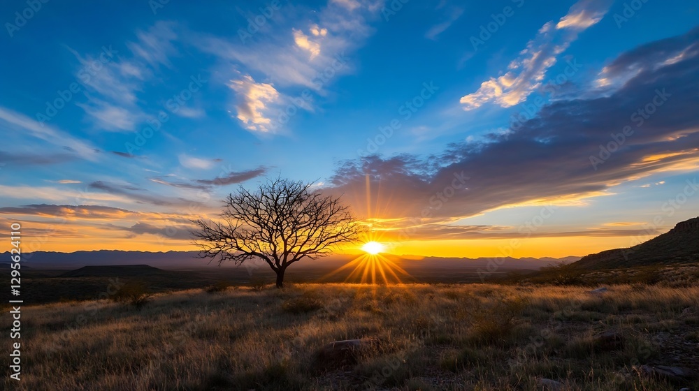 Stunning sunset landscape with silhouette of a tree in a grassy field : Generative AI Stunning sunset landscape with silhouette of a tree in a grassy field : Generative AI