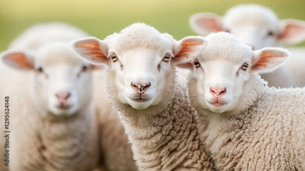 Fototapeta premium Curious sheep looking towards the camera in a green pasture showcasing their adorable features and woolly coats : Generative AI