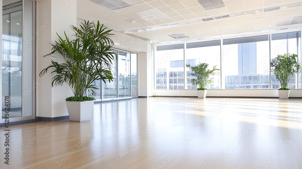 Fototapeta premium Bright and modern office space featuring lush plants and large windows for a vibrant workplace atmosphere : Generative AI