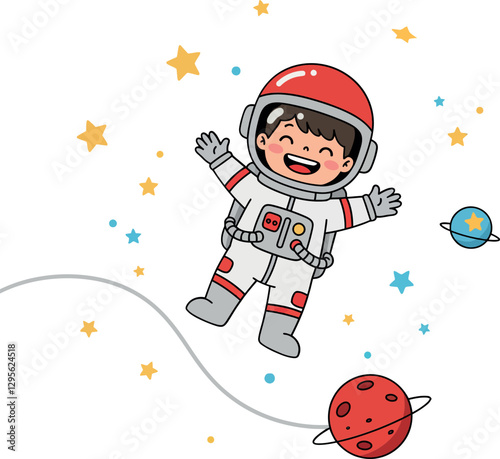 A joyful child astronaut floating in space wearing a red helmet and silver suit, surrounded by colorful planets and stars in a cheerful flat vector illustration