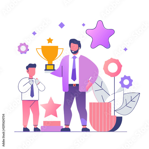 A young boy and a mentor, both in business attire, celebrating a victory on a podium with a trophy in a modern office setting.
