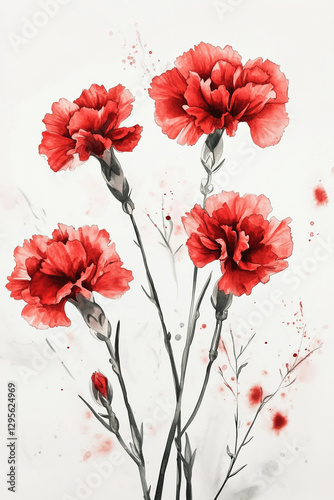 Red Carnation flower minimalist watercolor painting background, perfect for a card