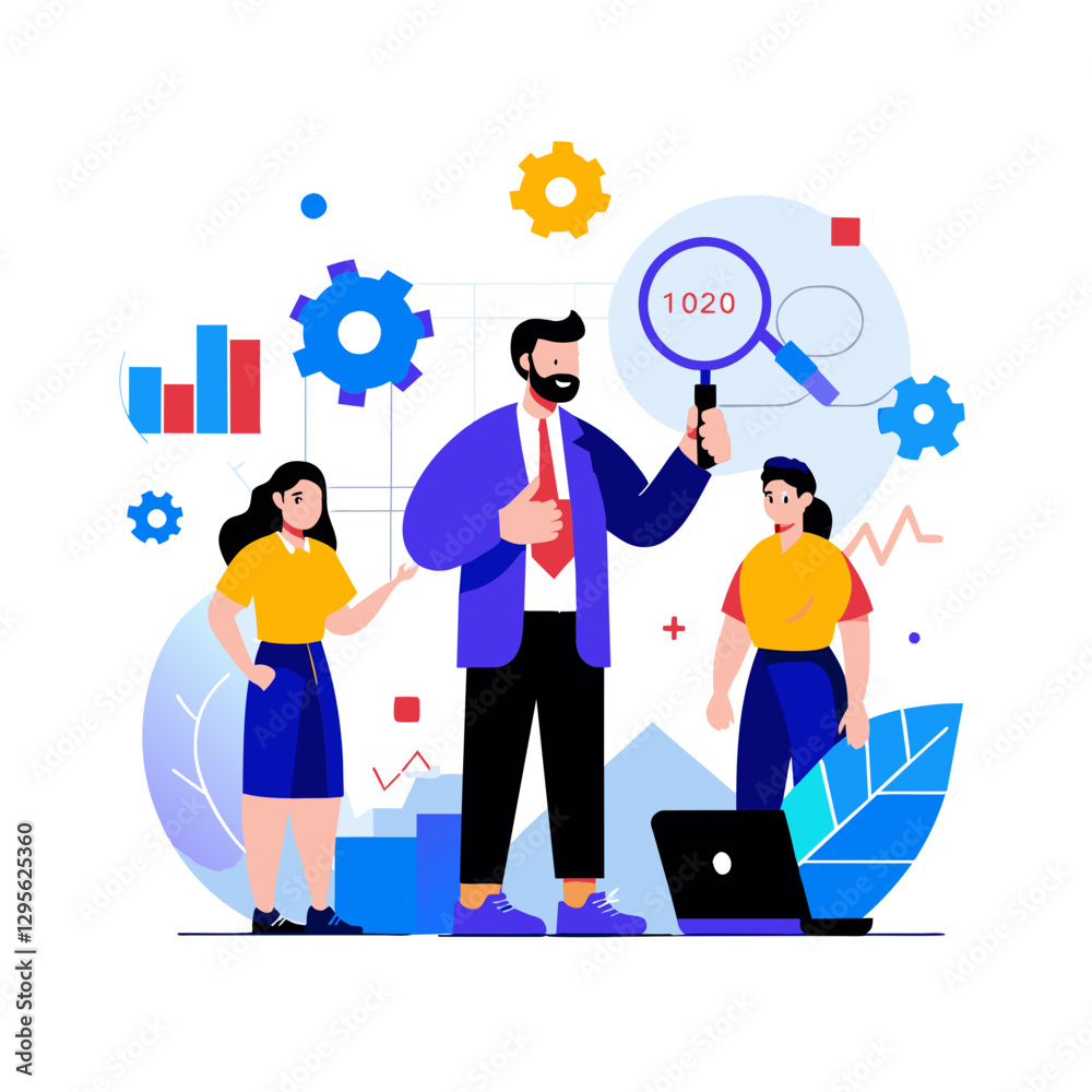 Business team presenting data analysis in modern office setting. Male manager and female colleagues demonstrating company growth metrics with a magnifying glass and laptop in the background. Business team presenting data analysis in modern office setting. Male manager and female colleagues demonstrating company growth metrics with a magnifying glass and laptop in the background.