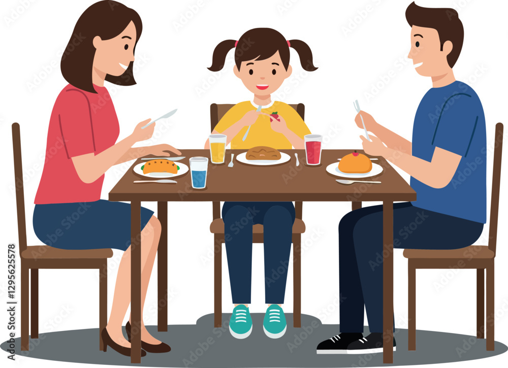 Family enjoying a meal together at a dining table in minimal vector art style with colorful dishes and cheerful expressions Family enjoying a meal together at a dining table in minimal vector art style with colorful dishes and cheerful expressions