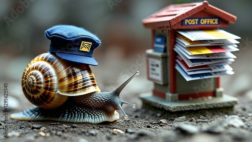 snail postman in a cap delivering letters, quirky and charming delivery moment, easy and fun