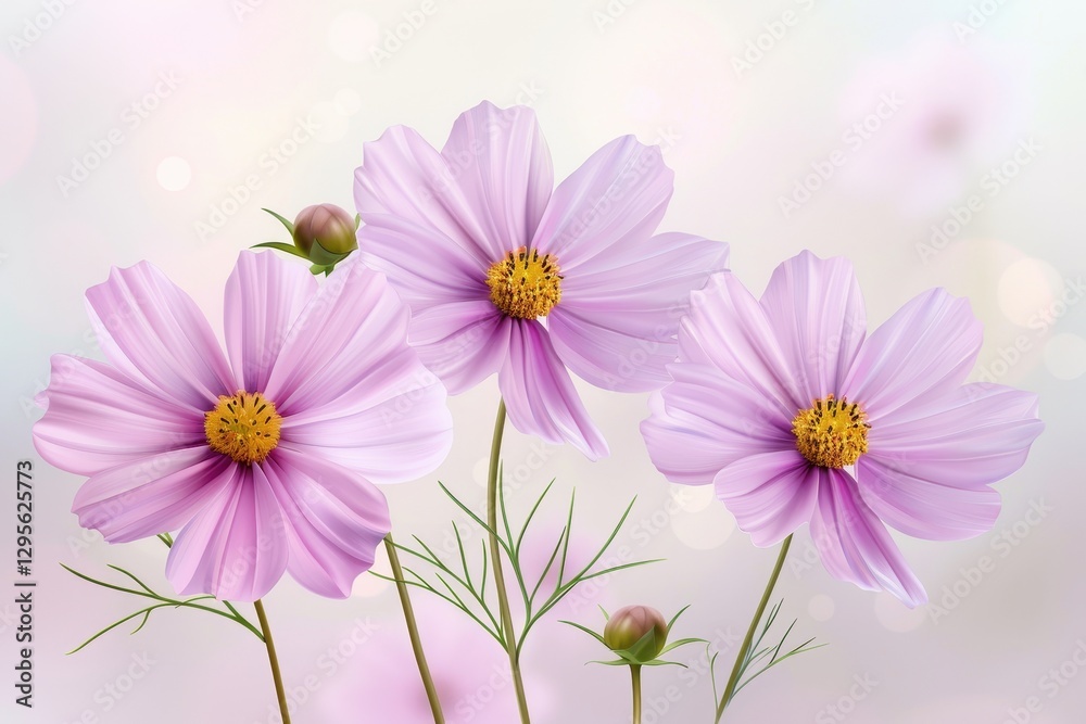 Three delicate pink flowers with yellow centers against a soft, soft pastel background. Three delicate pink flowers with yellow centers against a soft, soft pastel background.