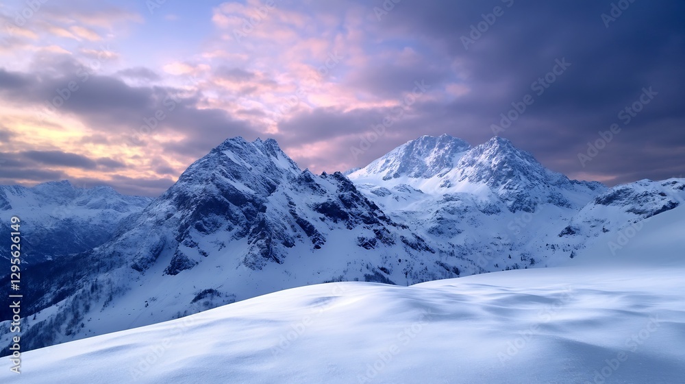 Breathtaking View of Snowy Mountains Under Dramatic Sunrise Sky with Colorful Clouds : Generative AI Breathtaking View of Snowy Mountains Under Dramatic Sunrise Sky with Colorful Clouds : Generative AI