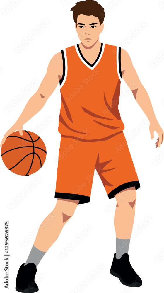 Dynamic male basketball player dribbling a ball in orange sports uniform, featuring flat design style vector illustration Dynamic male basketball player dribbling a ball in orange sports uniform, featuring flat design style vector illustration
