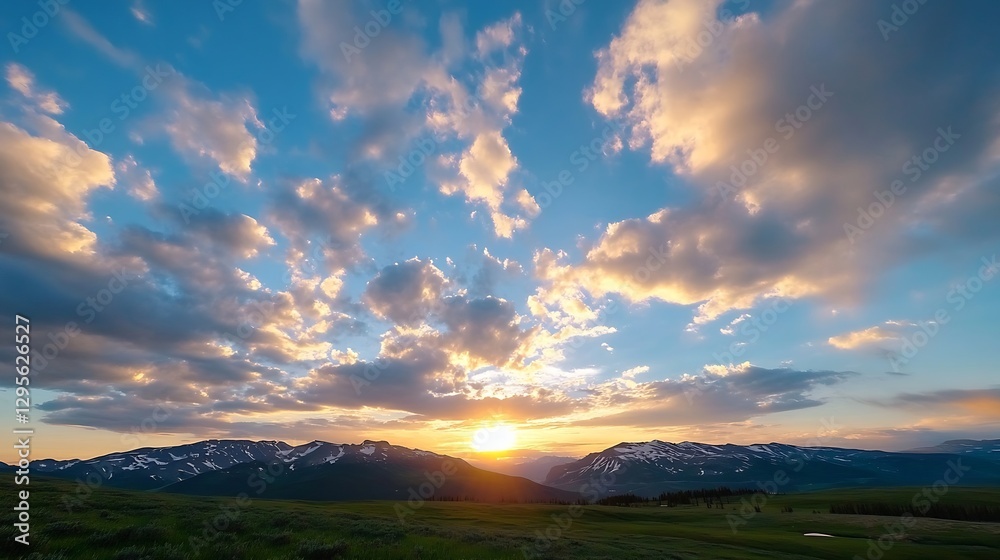 Fototapeta premium Breathtaking sunset over majestic mountain range with vibrant clouds and golden light : Generative AI