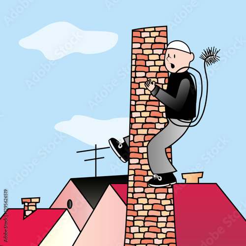 Chimney sweep on high chimney, scared man, group of roofs, funny vector illustration