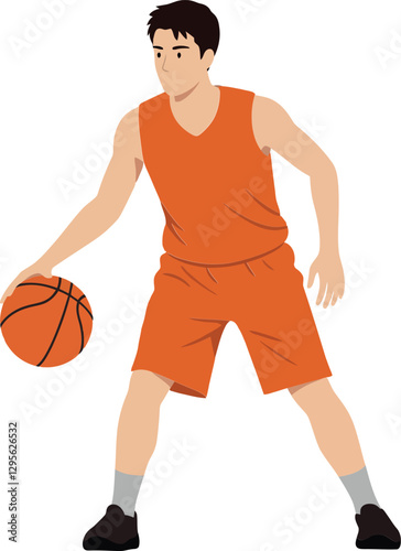 A young male basketball player in an orange jersey dribbling a basketball in a dynamic flat vector illustration