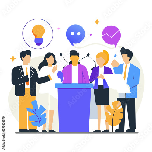Business people in formal attire at a conference presentation in a modern conference hall. A diverse group of professionals engaged in a discussion at a podium.