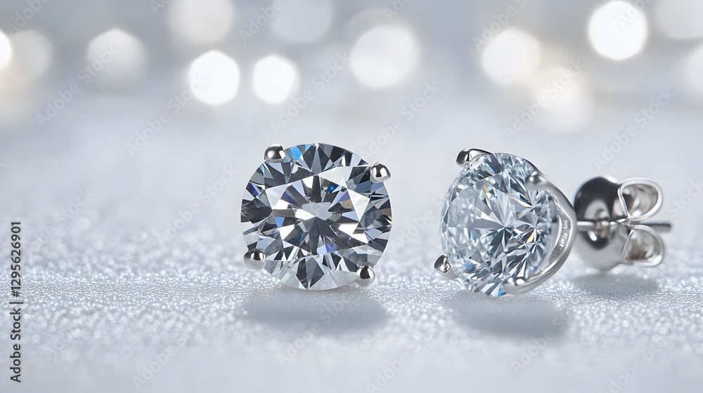 A set of classic diamond earrings with round stones, displayed on a white surface with soft lighting A set of classic diamond earrings with round stones, displayed on a white surface with soft lighting