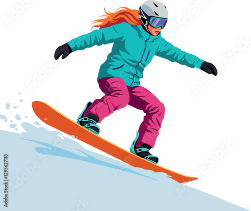A young woman snowboarding down a slope in vibrant winter attire, showcasing dynamic movement in detailed vector art