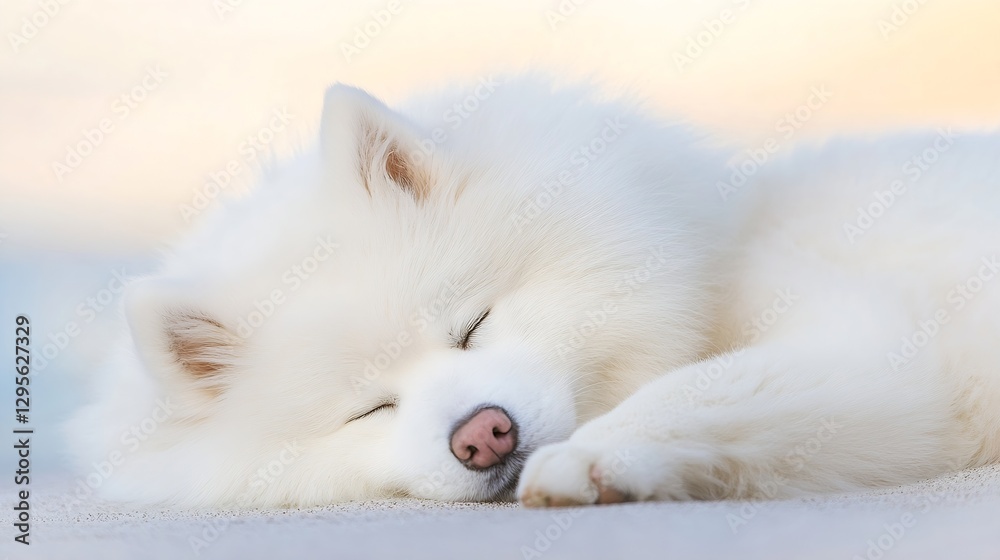 Beautiful Fluffy White Samoyed Dog Sleeping Peacefully on Soft Surface : Generative AI Beautiful Fluffy White Samoyed Dog Sleeping Peacefully on Soft Surface : Generative AI