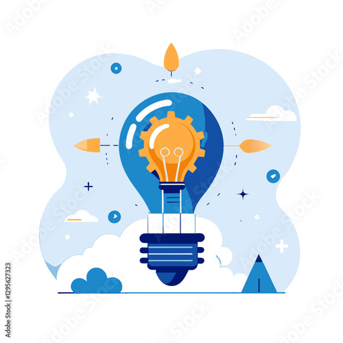 Abstract lightbulb shaped hot air balloon with a gear inside, floating amidst clouds. Innovative idea concept for business and technology.