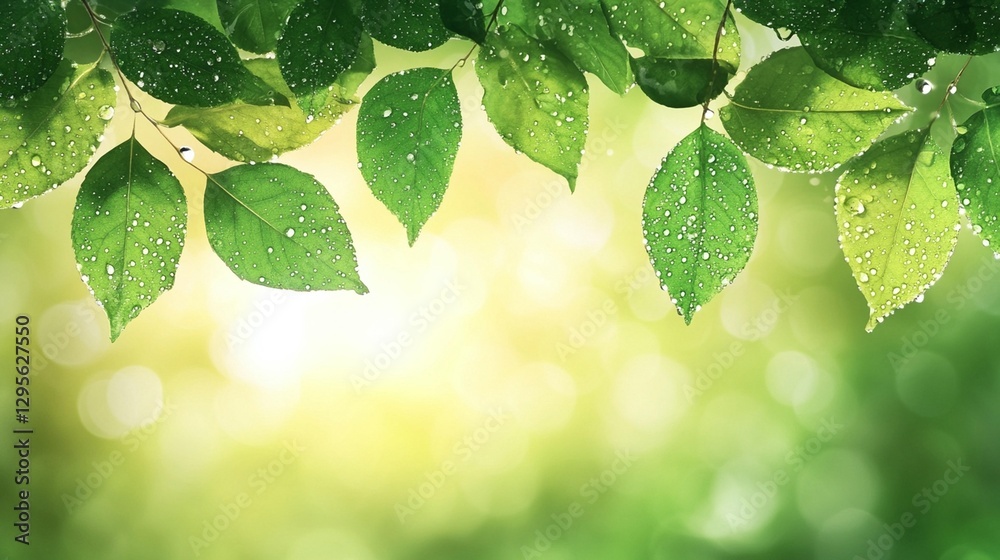 Lush green leaves with water droplets, bright bokeh background. Lush green leaves with water droplets, bright bokeh background.