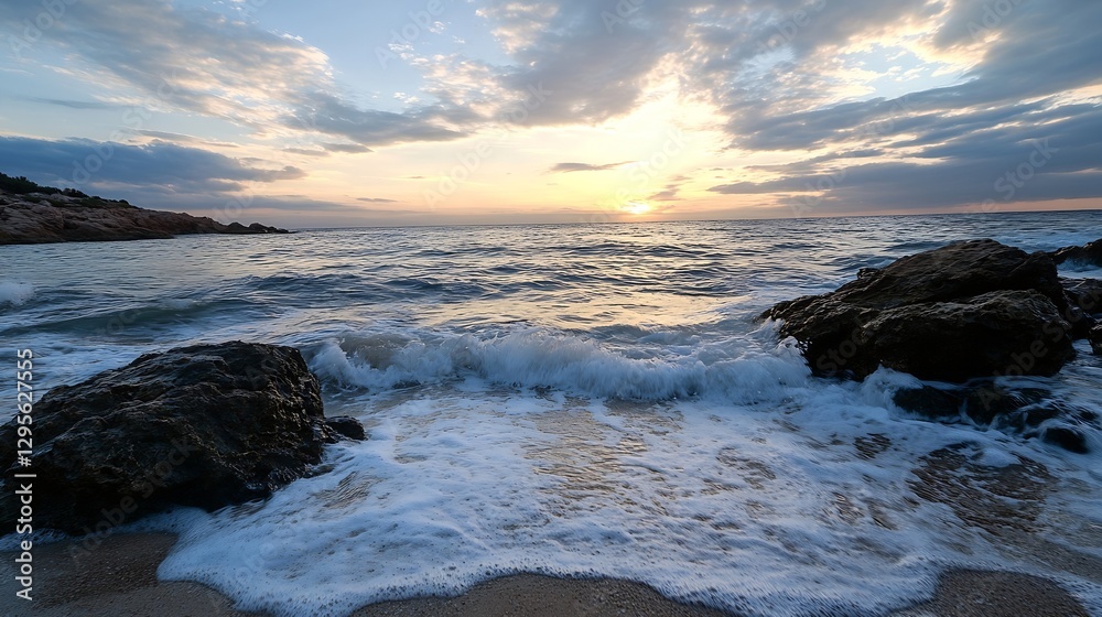 Fototapeta premium Stunning seascape capturing waves crashing on the beach during a vibrant sunset : Generative AI