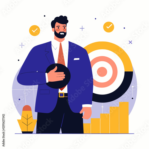 Businessman with beard in formal suit presenting a goal-oriented strategy in a professional setting. Confident stance with target and graphs in the background.