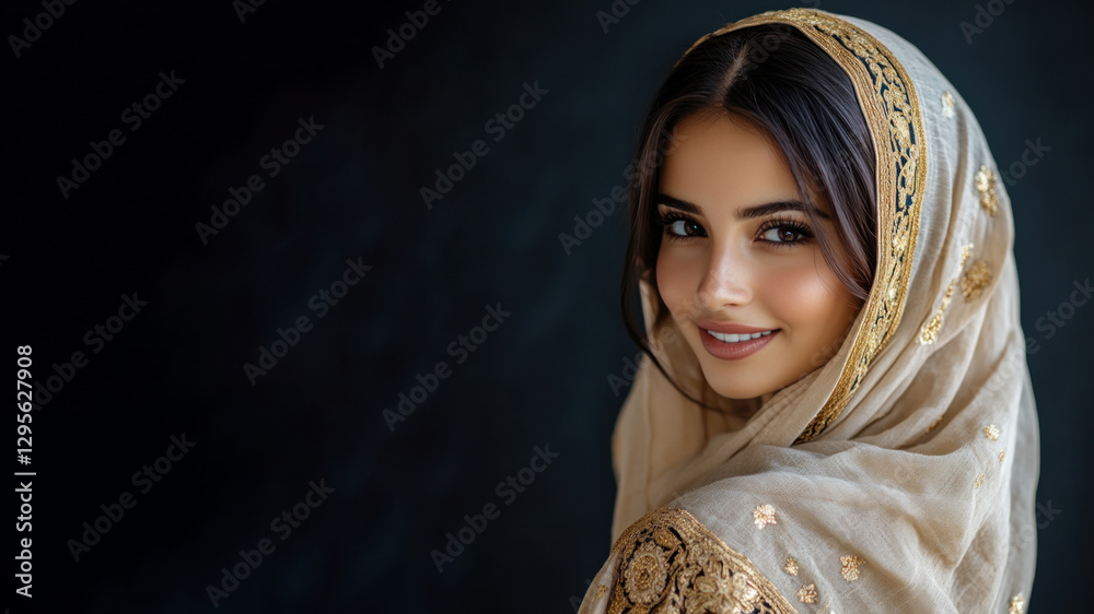 Naklejka premium Pakistani woman wearing traditional abaya and hijab isolated on black background