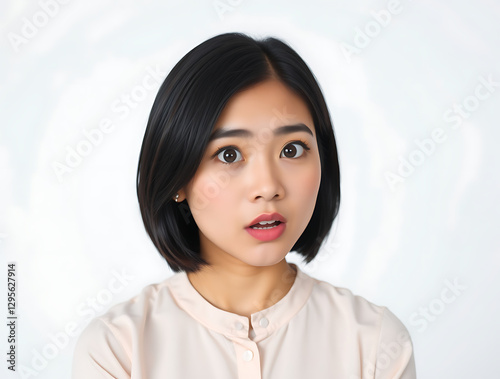 Indonesian woman shows surprised expression against plain background, generative ai