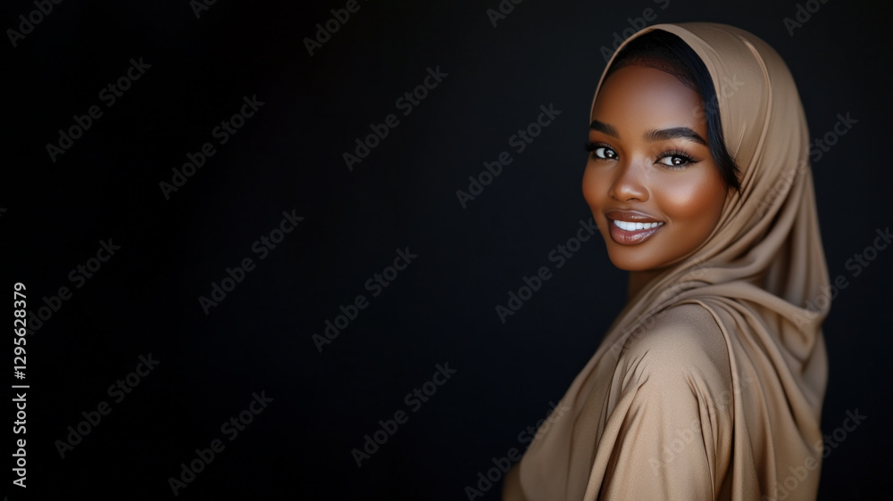Fototapeta premium Black muslim woman wearing traditional abaya and hijab isolated on black background