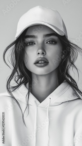 Black and white portrait of a young woman wearing a white cap and hoodie with wavy hair and intense gaze