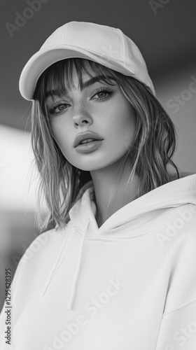 Black and white portrait of young woman wearing casual hoodie and cap looking at camera with soft expression