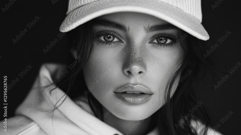 Black and white portrait of a young woman wearing a cap and hoodie, looking directly at the camera with intense eyes on a dark background Black and white portrait of a young woman wearing a cap and hoodie, looking directly at the camera with intense eyes on a dark background