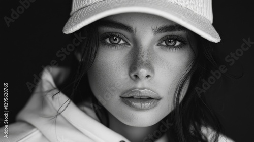 Black and white portrait of a young woman wearing a cap and hoodie, looking directly at the camera with intense eyes on a dark background