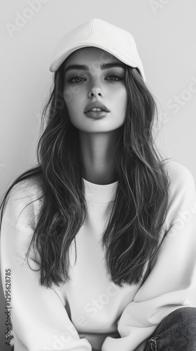 Portrait of a stylish woman with long wavy hair wearing a white cap and sweater in a minimalistic studio setting