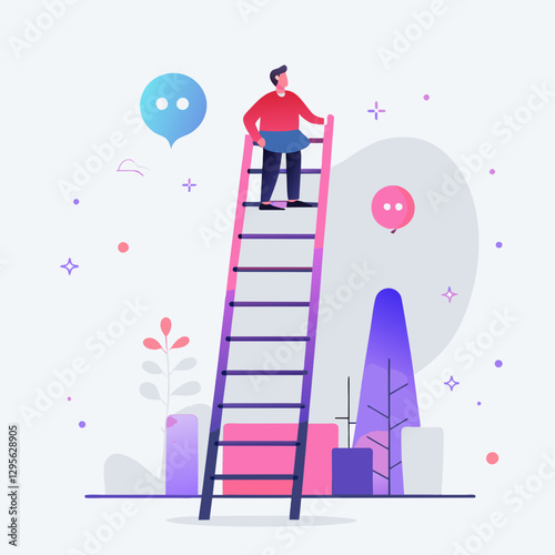 A young adult male in a red shirt and dark pants stands poised on a tall ladder, reaching for a higher level. Motivated professional climbing the corporate ladder in a modern setting.