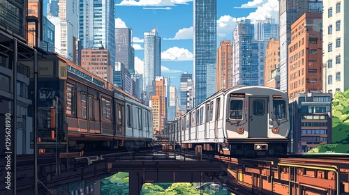 Vibrant Urban Landscape Featuring Elevated Metro Trains Amidst Skyscrapers Under a Bright Blue Sky with Fluffy Clouds in a Lively City Setting