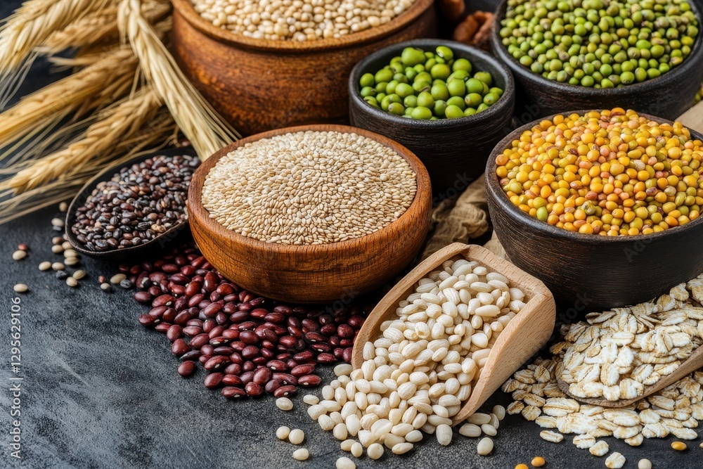 Variety of Grains and Pulses on Textured Surface with Wooden Bowls and Decorative Wheat Stems Variety of Grains and Pulses on Textured Surface with Wooden Bowls and Decorative Wheat Stems