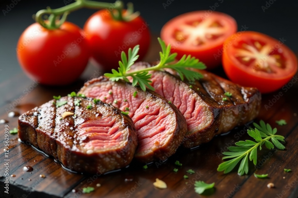 Grilled beef steak slices, juicy, with fresh tomato slices, slices, juicy Grilled beef steak slices, juicy, with fresh tomato slices, slices, juicy