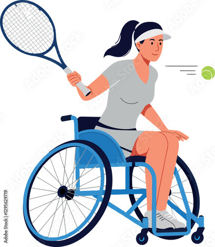 A determined woman in a wheelchair, actively playing tennis with a focused expression, showcasing dynamic motion in a flat vector illustration