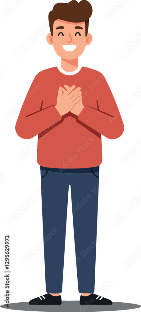 Smiling young man with hands on heart wearing a red sweater and blue pants in a cheerful flat vector illustration Smiling young man with hands on heart wearing a red sweater and blue pants in a cheerful flat vector illustration